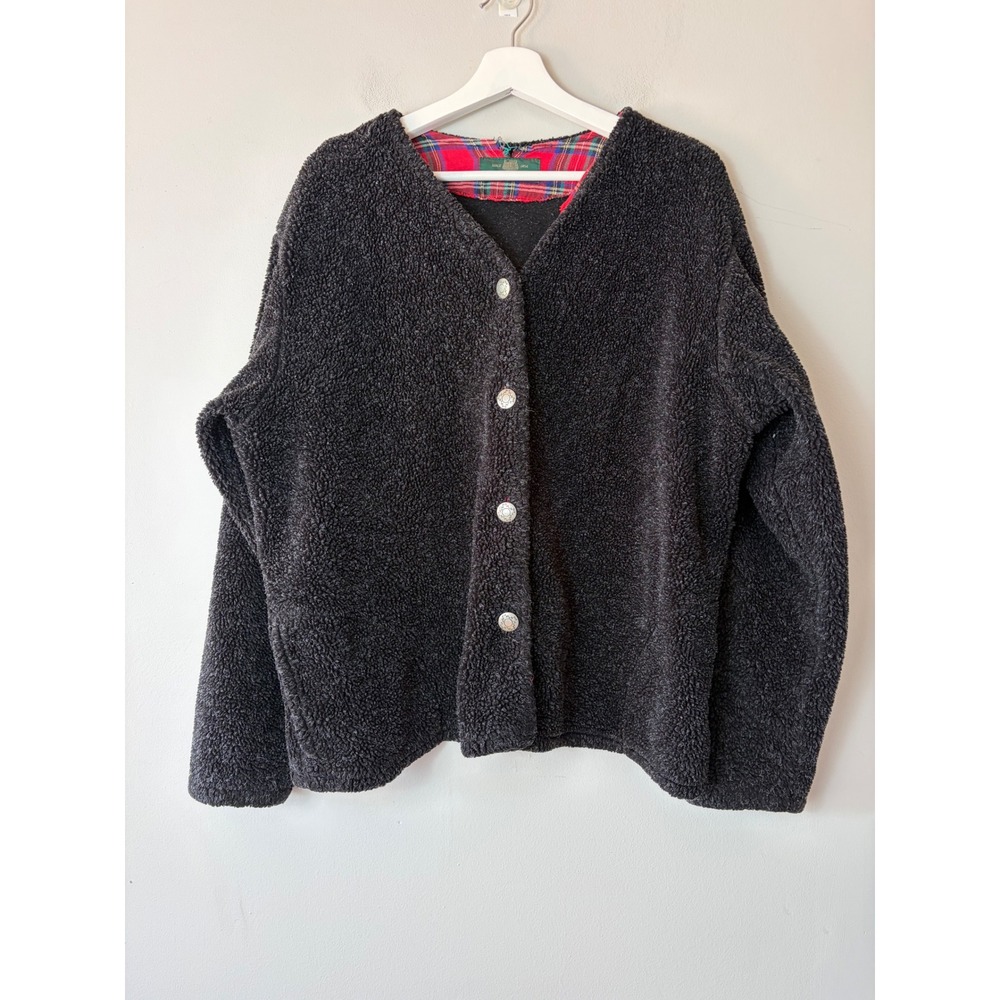 Orvis Vintage Fleece Cardigan Sweater XL Black Sunburst Buttons USA Made